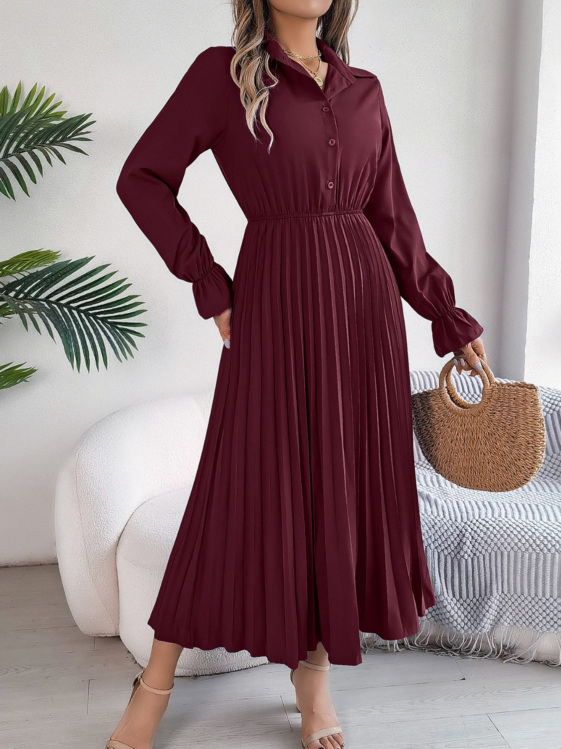 Pleated Half Button Long Sleeve Midi Dress