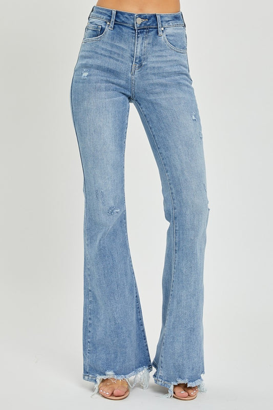 Risen Full Size High Rise Frayed Hem Flare Jeans