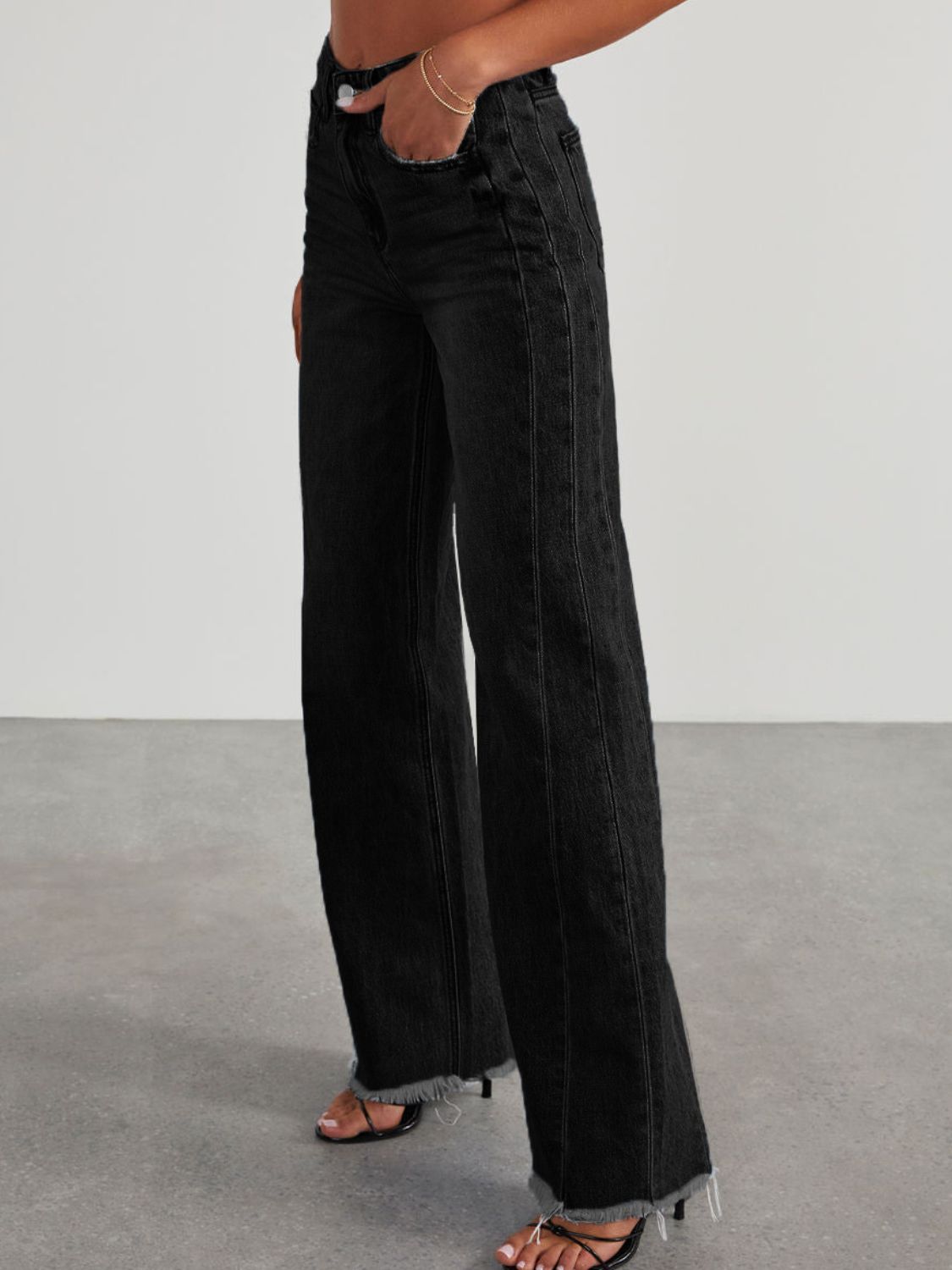 Raw Hem Wide Leg Jeans with Pockets