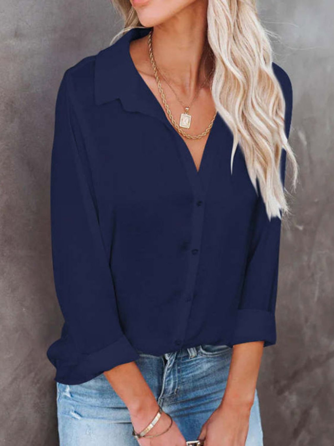 Button Down Collared Neck Long Sleeve Shirt