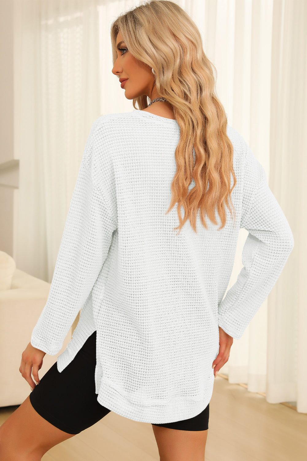 Waffle-Knit Round Neck Long Sleeve Sweatshirt